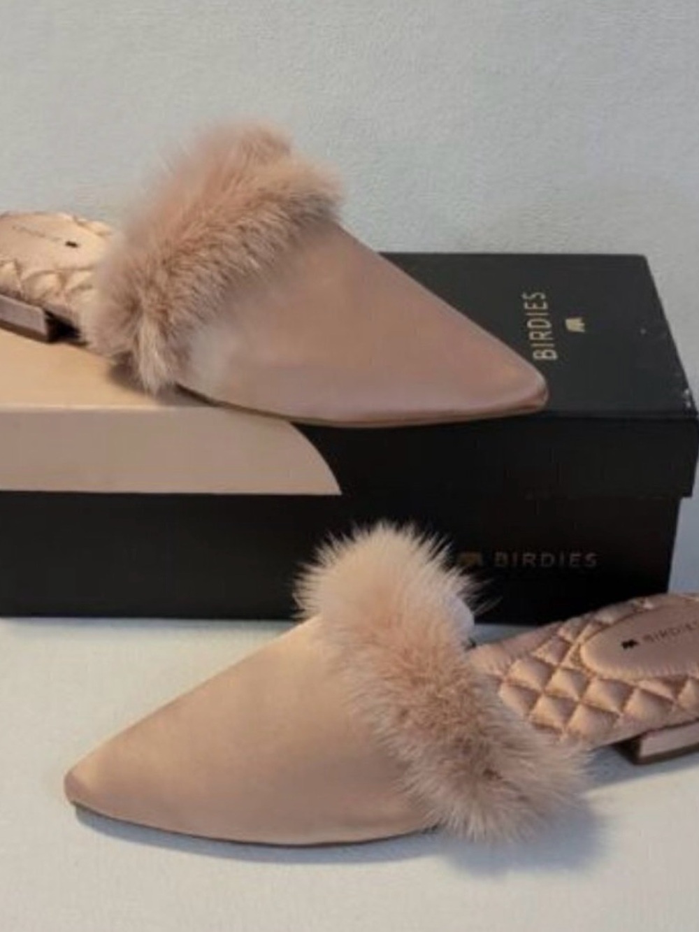 Birdies Blush Fur-Trim Slip-On Mules Comfy Quilted Inside size 7.5 New in box